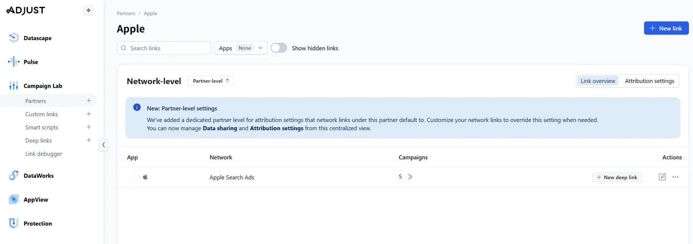 Adjust Campaign Lab → Partners → Apple page with an iOS Apple Search Ads link and Attribution settings tab.