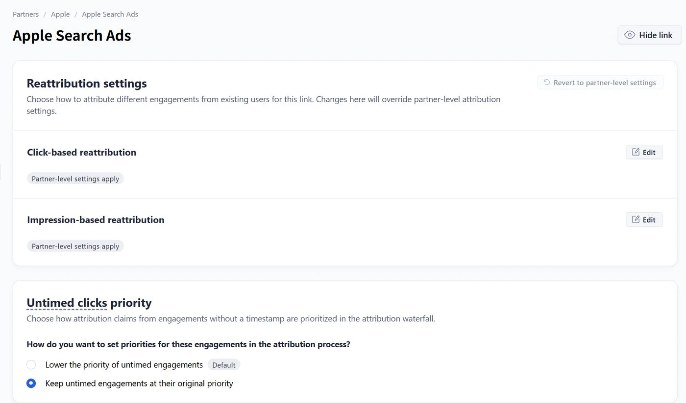 Adjust Apple Search Ads settings with Keep untimed engagements at their original priority selected under Untimed clicks priority.
