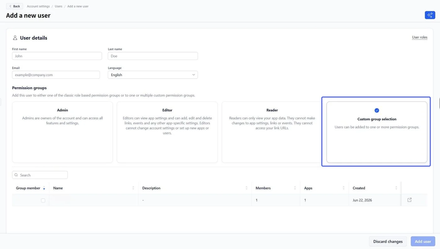 Adjust Add a new user page with name and email fields and Custom group selection highlighted.