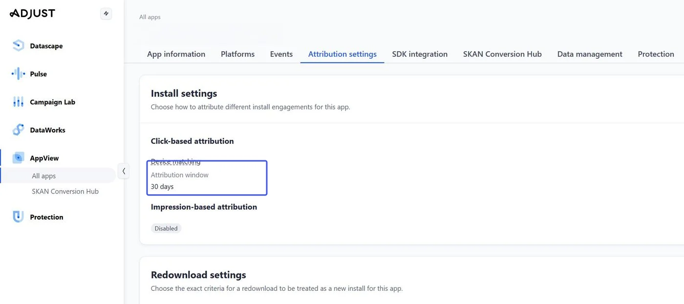 Adjust AppView Attribution settings with the click-based attribution window of 30 days highlighted.