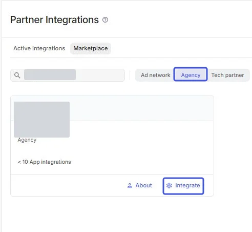 AppsFlyer Marketplace with Agency selected and Integrate highlighted on a card; the agency name and search text are masked.