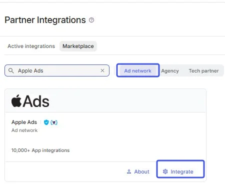 AppsFlyer Marketplace search for Apple Ads with Ad network selected and the Apple Ads Integrate button highlighted.