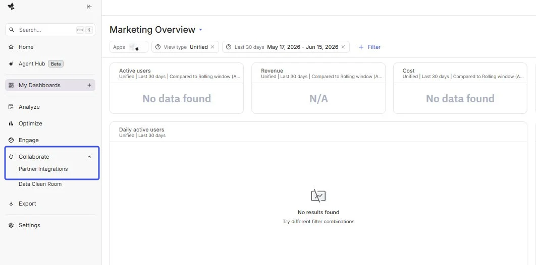 AppsFlyer sidebar with Collaborate expanded and Partner Integrations highlighted.