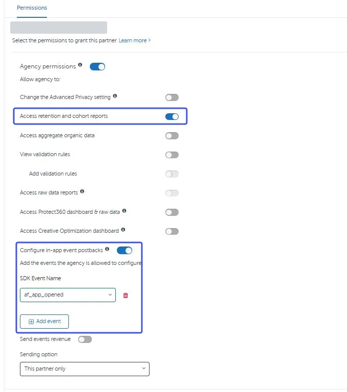 AppsFlyer agency permissions with retention and cohort report access and in-app event postbacks enabled; an example event selector and Add event button are highlighted.