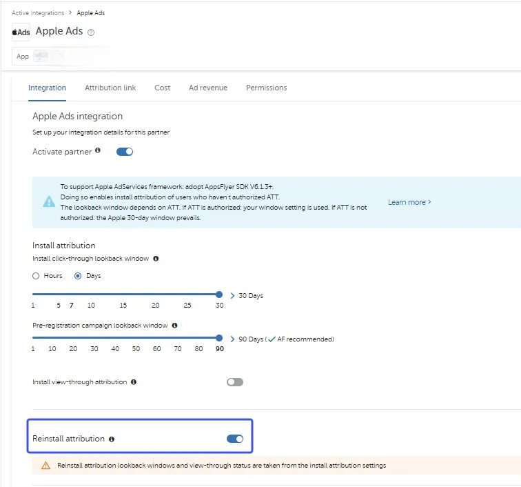 AppsFlyer Apple Ads Integration tab with Reinstall attribution enabled and highlighted near the bottom.