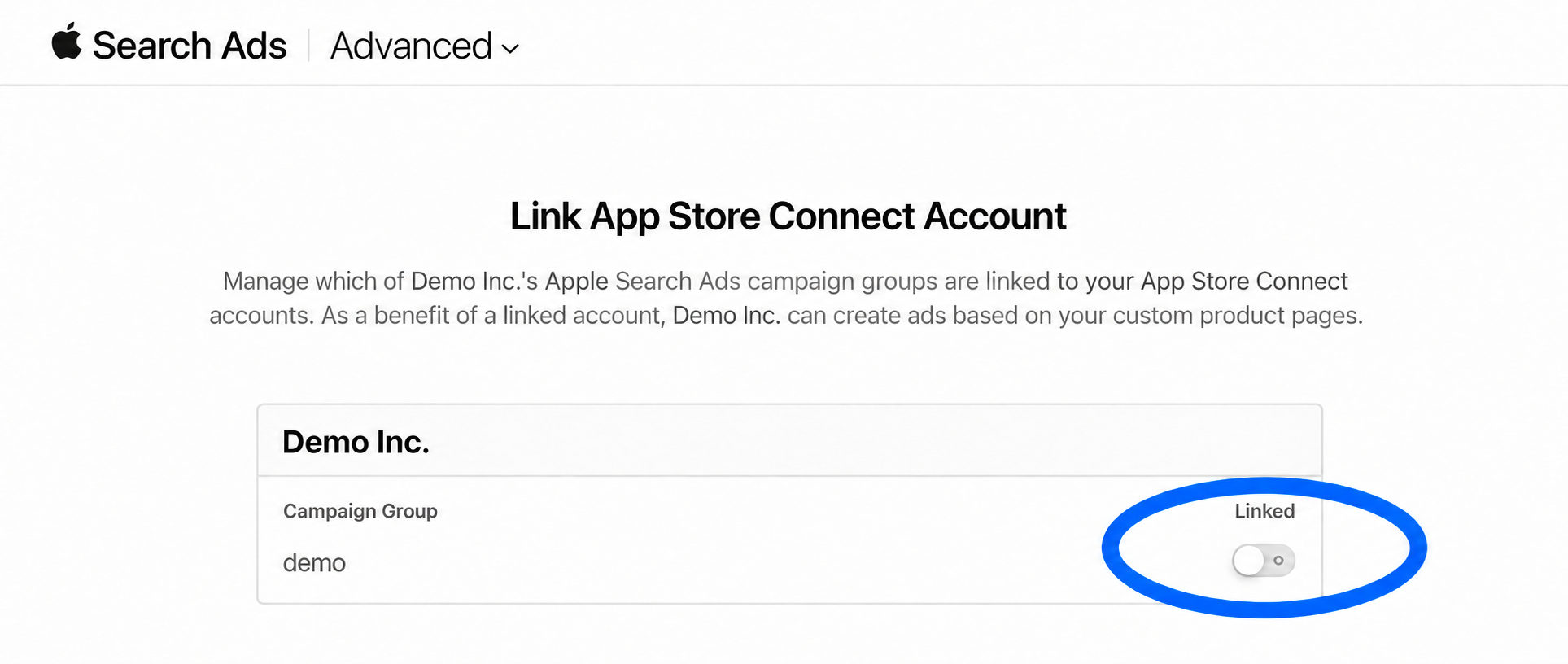 Link App Store Connect Account page with the Linked switch circled in blue next to the demo campaign group.