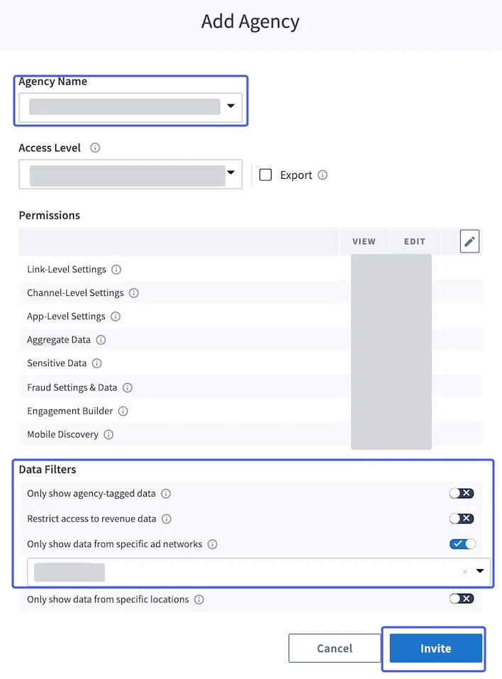 Branch Add Agency form with Agency Name, specific-ad-network Data Filters and Invite highlighted; identity, access level and permission values are masked.