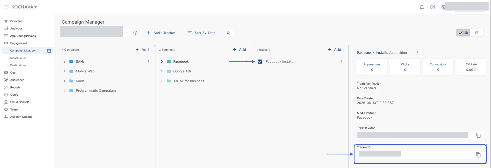 Kochava Campaign Manager with an example Facebook tracker selected and the masked Tracker ID field highlighted below Tracker GUID.