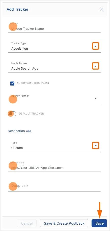 Kochava Add Tracker form showing Acquisition, Apple Search Ads, Agency Partner and the highlighted Save button.