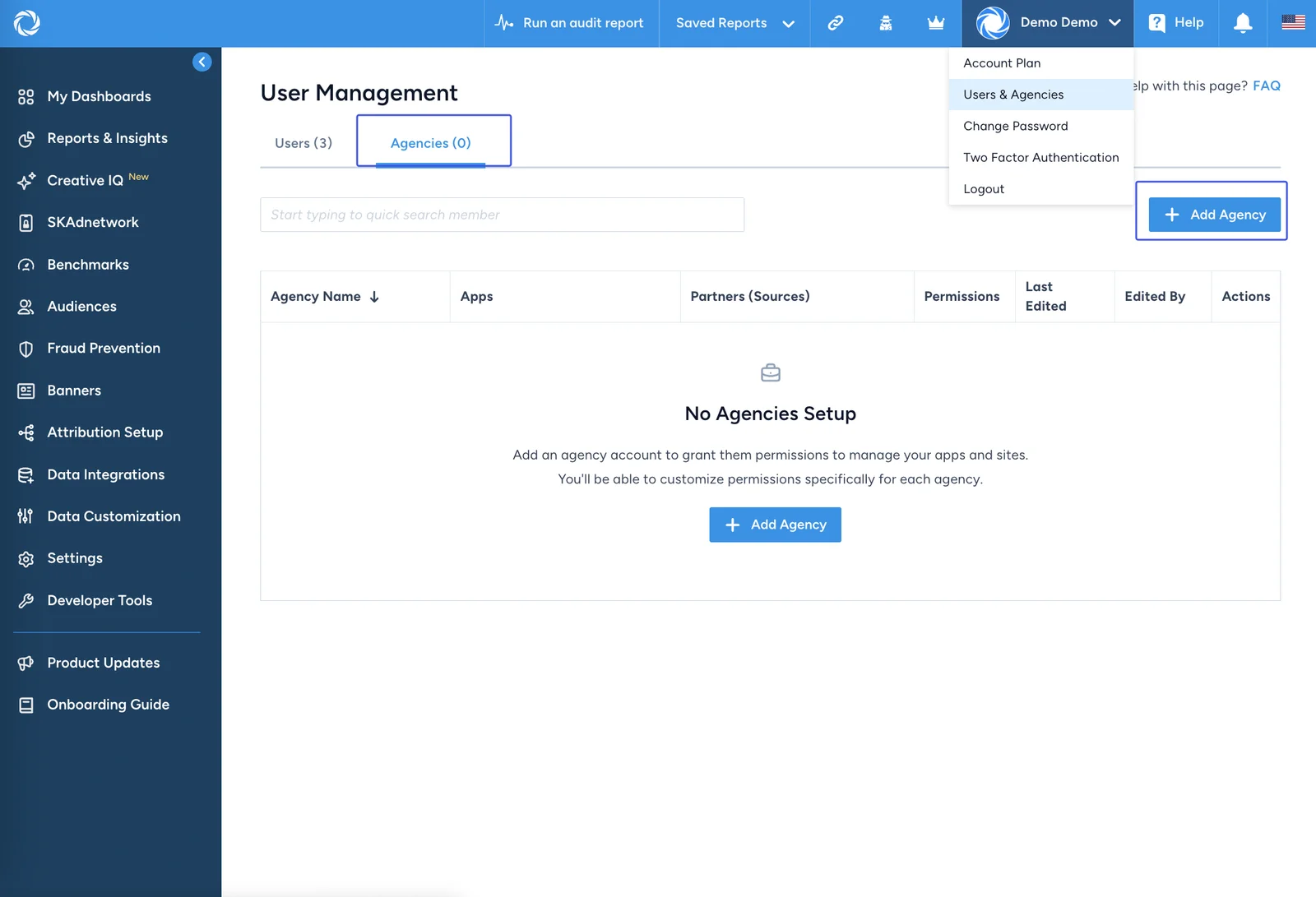 Singular Users & Agencies page with the Agencies tab and Add Agency button highlighted in a demo account.
